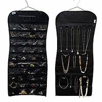 jewelry hanging dual-sided non-woven organizer holder 40 pockets 24 hooks storing jewelry-rings,  earrings,  bracelet,  makeups,  jewelry chain and accessories. (black-40-poket, 24-hooks)