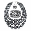 jnf large pearl necklace multi layer pearl strand costume jewelry pearl statement necklace bracelet and earrings for women (grey)