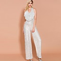 Jumpsuits Beautiful Back Sparkle Wedding Guest Formal Evening Dress Halter Neck Sleeveless Floor Length Sequined with Sequin 2020
