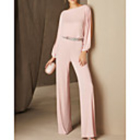 Jumpsuits Elegant Minimalist Wedding Guest Formal Evening Dress Jewel Neck Long Sleeve Floor Length Chiffon with Sleek 2020