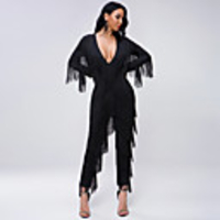 Jumpsuits Elegant Vintage Prom Formal Evening Dress V Neck Long Sleeve Ankle Length Spandex with Tassel 2020