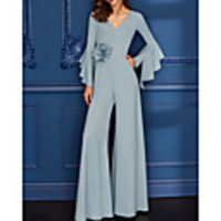 Jumpsuits Floral Minimalist Wedding Guest Formal Evening Dress V Neck Long Sleeve Floor Length Spandex with Sleek Appliques 2020
