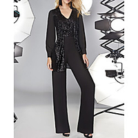 Jumpsuits Glittering Elegant Wedding Guest Formal Evening Dress V Neck Long Sleeve Floor Length Chiffon Sequined with Sequin 2020
