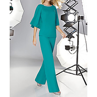 Jumpsuits Minimalist Elegant Wedding Guest Formal Evening Dress Jewel Neck Half Sleeve Floor Length Chiffon with Sleek 2020