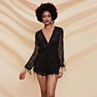 Jumpsuits Minimalist Sexy Party Wear Cocktail Party Dress V Neck Long Sleeve Short / Mini Spandex with Sequin Tassel 2020