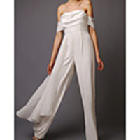 Jumpsuits Wedding Dresses Off Shoulder Floor Length Chiffon Sleeveless Simple with Ruched 2020