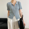 juzhi 2021 summer knitted pit pattern solid color double-headed zipper female loose and thin short-sleeved shirt v-neck small shirt 0110 miniinthebox