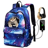 Kids Unisex Backpack School Bag Rucksack 3D Canvas 3D Print Galaxy Cat Large Capacity Waterproof Zipper School Daily Traveling Blue Black Purple Red miniinthebox