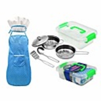 kitchen pretend play accessories toys,  8 pcs pretend toys with stainless steel cookware pots and pans set,  cooking utensils,  apron amp; chef hat,  and grocery play food for kids (as show)