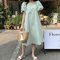 korean chic summer french gentle square collar thin and loose design wrinkled mid-length puff sleeve dress women miniinthebox