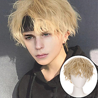 Kort Krullend Cosplay Mannen Boy Party Licht Geel Synthetische Hittebestendige Haar Pruiken Mannen Ademende Pruik miniinthebox