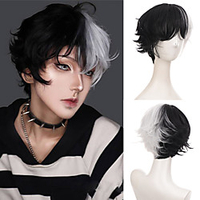 Krullend Mannelijke Pruik Zwart Wit Geel Half Cosplay Anime Kostuum Halloween Pruiken Synthetisch Haar Met Pony Voor Mannen Jongen vrouwen miniinthebox