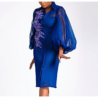 lapel lantern sleeve button cardigan high waist bag hip embroidered one step skirt plus size women