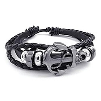leather bracelet vintage anchor charm bangle fit 7-9 inch black rope in a gift box