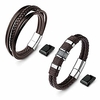 leather multi-layer cuff bracelets for men stainless steel magnetic-clasp cool braided wrist bracelet brown