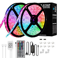 Led Strip Lights Kit 32.8Ft RGB Light Strip with Remote Controller and Support Clips for Room Bedroom Home Kitchen Cabinet Party Decoration 12V 6A Adapter Non-Waterproof Waterproof 2x16.4Ft
