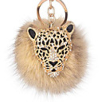 leopard with natural fox fur pom pom keychain for women ball bag charm