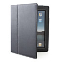 Litchi Grain PU Leather Case w/ Stand for Apple iPad 2 - Black Color w/ White Line on Edge