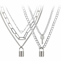 lock chain necklace,  egirl chains,  statement lock key pendant necklace silver set eboy long multilayer chains punk choker 2 set(5 layer)
