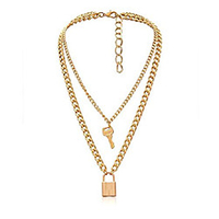 lock key pendant necklace statement long chain punk multilayer choker necklace for women men (gold tone)