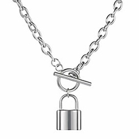 lock necklace lock key pendant necklace long chain punk multilayer statement choker necklace for women men boy girls (a-steel color,  simple type)