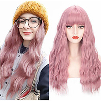 Long Pink Curly Wavy Wigs for Women Ladies Best Synthetic Wig with Fringe Fancy dress Wig Cosplay Party or Daily Wear miniinthebox
