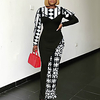 long-sleeved stitching contrast color geometric printing high-waist large size slim casual bag hip women