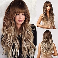 Long Wavy Wig Ash Blonde Wigs with Bangs Ombre Brown Blonde Wigs for Women Long Heat Resistant Fiber Synthetic Wig For Daily Use 26 Inch miniinthebox