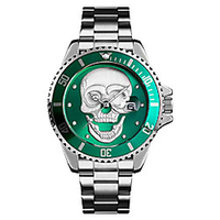luminous 3d skull watch 30m waterproof steel quartz wrist watch for men (green-silver)