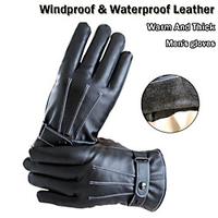 Men Fashion Winter Faux Leather Motorcycle Full Finger Touch Screen Warm Gloves Full Finger Black Gloves Wind-Proof Resistant Free Size
