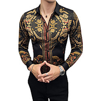 Men Vintage Classic Casual Shirt Slim Fit Print Party Club Shirt Luxury Black Gold Shirt Autumn Baroque Men Shirt Long Sleeve Patchwork miniinthebox