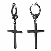 men women black steel bead huggie hinged hoop ear cuff clip earring long dangling cross non-piercing