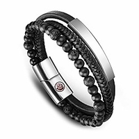 mens bead leather bracelet for men magnetic steel clasp cowhide braided mens bracelet 7.5-8.7 inches,  with premium gift box (lava rock,  8.3)