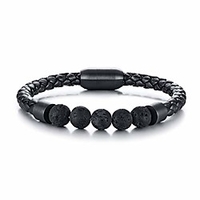 mens bracelets leather and steel with natural stone beads and magnetic closure. pulseras para hombres mens beaded bracelet: tiger eye,  lava rock or onyx beads (lava stone)