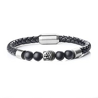 mens leather budda head matte onyx stone bracelet