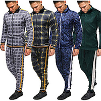 mens plaid 2pc zipper tracksuit, autumn printed sweatshirt top pants sets sports suit tracksuit coffee