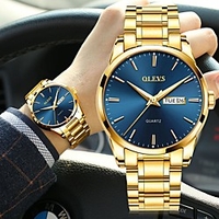 mens watches blue face, black stainless steel watches for men, day date watch for men, business casual quartz men