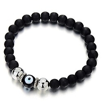mens women mat black bead bracelet with murano-style glass evil eye bead,  protection prayer mala
