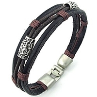 mens womens leather rope bracelet,  tribal braided cuff bangle,  brown black silver