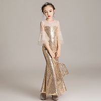 Mermaid / Trumpet Ankle Length Formal Evening / Pageant Flower Girl Dresses - Sequined 3/4 Length Sleeve Jewel Neck with Solid / Splicing / Paillette