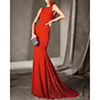 Mermaid / Trumpet Beautiful Back Floral Wedding Guest Formal Evening Dress Jewel Neck Sleeveless Court Train Lace Stretch Satin with Pleats Appliques 2020