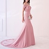 Mermaid / Trumpet Beautiful Back Pink Engagement Formal Evening Dress Off Shoulder Short Sleeve Court Train Polyester with Pattern / Print Appliques 2020