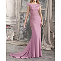 Mermaid / Trumpet Beautiful Back Sexy Engagement Formal Evening Dress Boat Neck Sleeveless Court Train Lace Stretch Satin with Appliques 2020