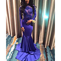 Mermaid / Trumpet Beautiful Back Sexy Engagement Formal Evening Dress Jewel Neck Long Sleeve Sweep / Brush Train Spandex with Pleats Appliques 2020