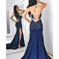 Mermaid / Trumpet Beautiful Back Sexy Engagement Formal Evening Dress Sweetheart Neckline Sleeveless Sweep / Brush Train Satin with Split Lace Insert Appliques 2020