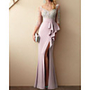 Mermaid / Trumpet Beautiful Back Sexy Engagement Formal Evening Dress V Neck 3/4 Length Sleeve Sweep / Brush Train Lace Stretch Satin with Ruffles Split Appliques 2020