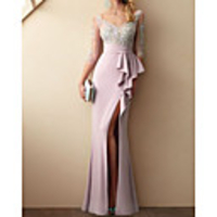 Mermaid / Trumpet Beautiful Back Sexy Engagement Formal Evening Dress V Neck 3/4 Length Sleeve Sweep / Brush Train Lace Stretch Satin with Ruffles Split Appliques 2020
