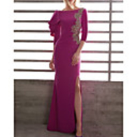 Mermaid / Trumpet Beautiful Back Sexy Wedding Guest Formal Evening Dress Jewel Neck 3/4 Length Sleeve Floor Length Lace Stretch Satin with Split Appliques 2020
