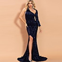 Mermaid / Trumpet Beautiful Back Sexy Wedding Guest Formal Evening Dress One Shoulder Long Sleeve Sweep / Brush Train Sequined with Sequin Split 2020