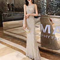 Mermaid / Trumpet Beautiful Back Sparkle Engagement Formal Evening Dress Jewel Neck Sleeveless Floor Length Spandex Sequined with Sequin 2020
